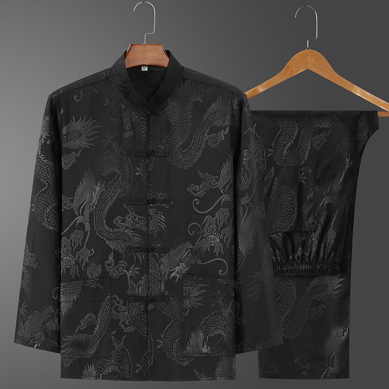 Ice Silk Tang Suit Long-Sleeved Shirt: Men's Chinese-Style Spring/Autumn Dress for Middle-Aged and Elderly
