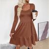 YYFS Women's Fashion Spring Fall Solid Color Print Long Sleeve Square Collar High Waist Casual Dresses
