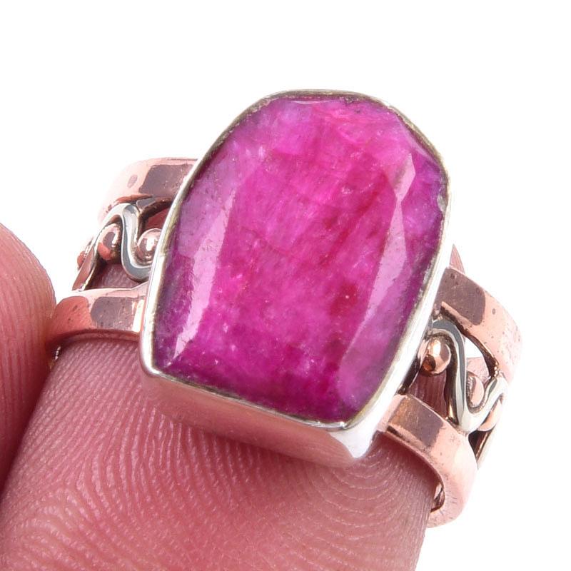 

Red Ruby(Simulated) Handmade 925 Sterling Silver Jewelry Two Tone Ring S.6 V8s62