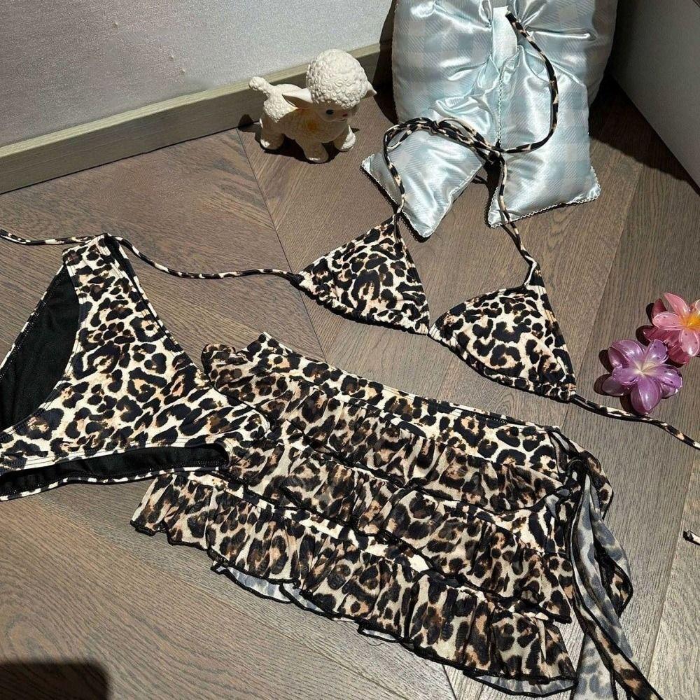 Fashion Leopard Print Women Swimsuit Padded 3-Piece Set Bikini Set Push Up Sexy Swimsuit Beach Vacations S