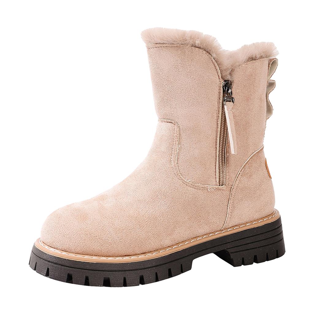 Women's Retro Simple Fleece Lined Warm Platform Suede Cotton Mid Calf Boots With Side Zipper Wide Calf Boots for Women Knee High