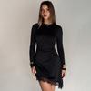European and American Autumn Women's Clothing Solid Color Round Neck Long Sleeve Lace Irregular Short Skirt Street Fashion Slim Dress
