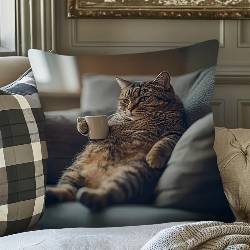 Vikama Chubby Cat Coffee Soft Pillowcase Comfortable Smooth Touch Sofa Decorative Cushion Cover