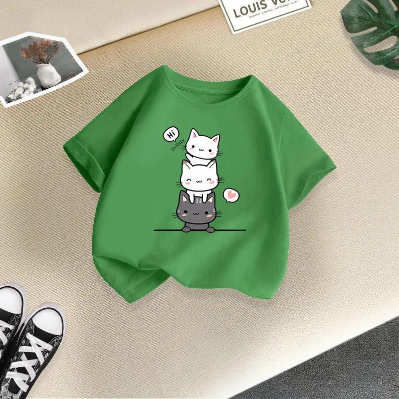 Children T-shirt Cute Cat Printed Kids 100% Cotton Clothes Tops 2-13Y Loose-fit Casual  O-Neck Short-sleeve T-shirt