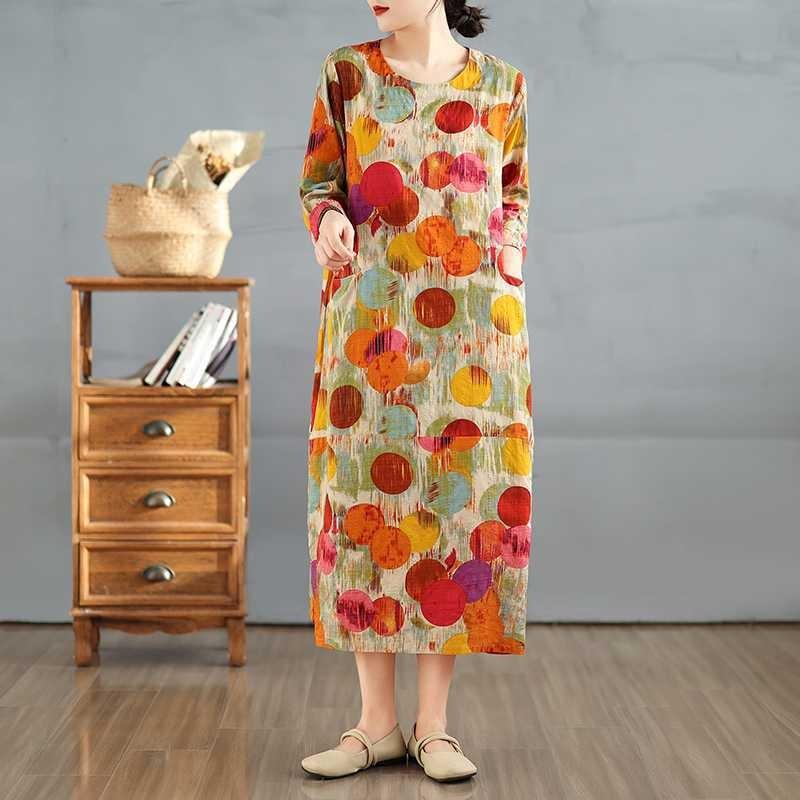 2025 New Vintage Printed Round Neck Loose Large Size Long Dresses
