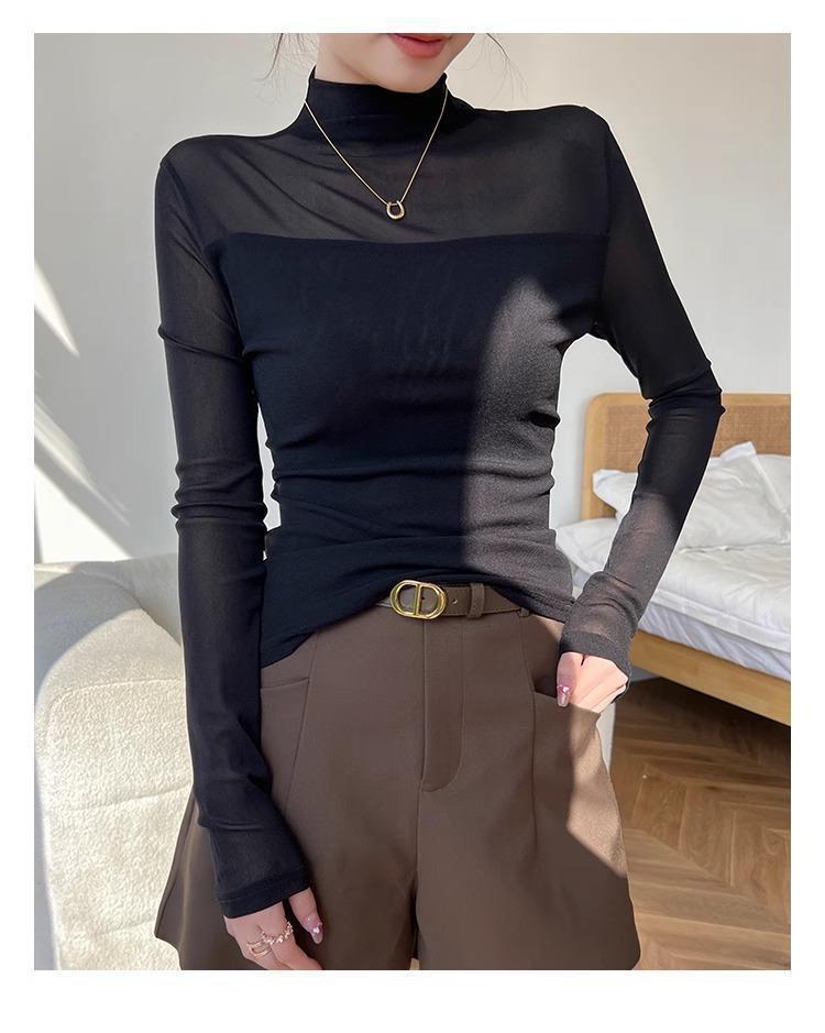 Women's Slim-Fit Velvet Base T-Shirt with Mesh Sleeves: Elegant Half-High Collar for Autumn/Winter