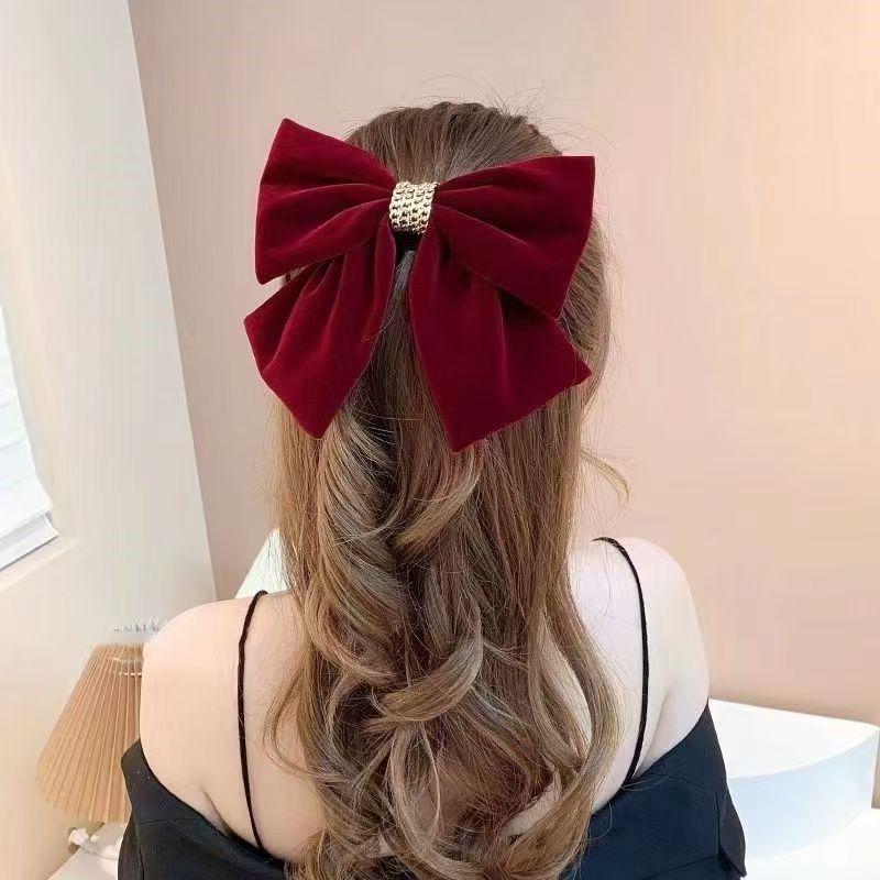 Luxury Red Velvet Bow Hair Clip and Scrunchie Set for Autumn/Winter Festive Wear