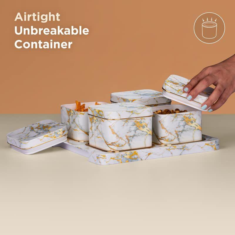 Container Tray Set with Lid & Serving Tray, Dry Fruit Box Set with Serving Tray for Serving Sweets, Chips, Cookies Other Snacks 4 Pieces, White