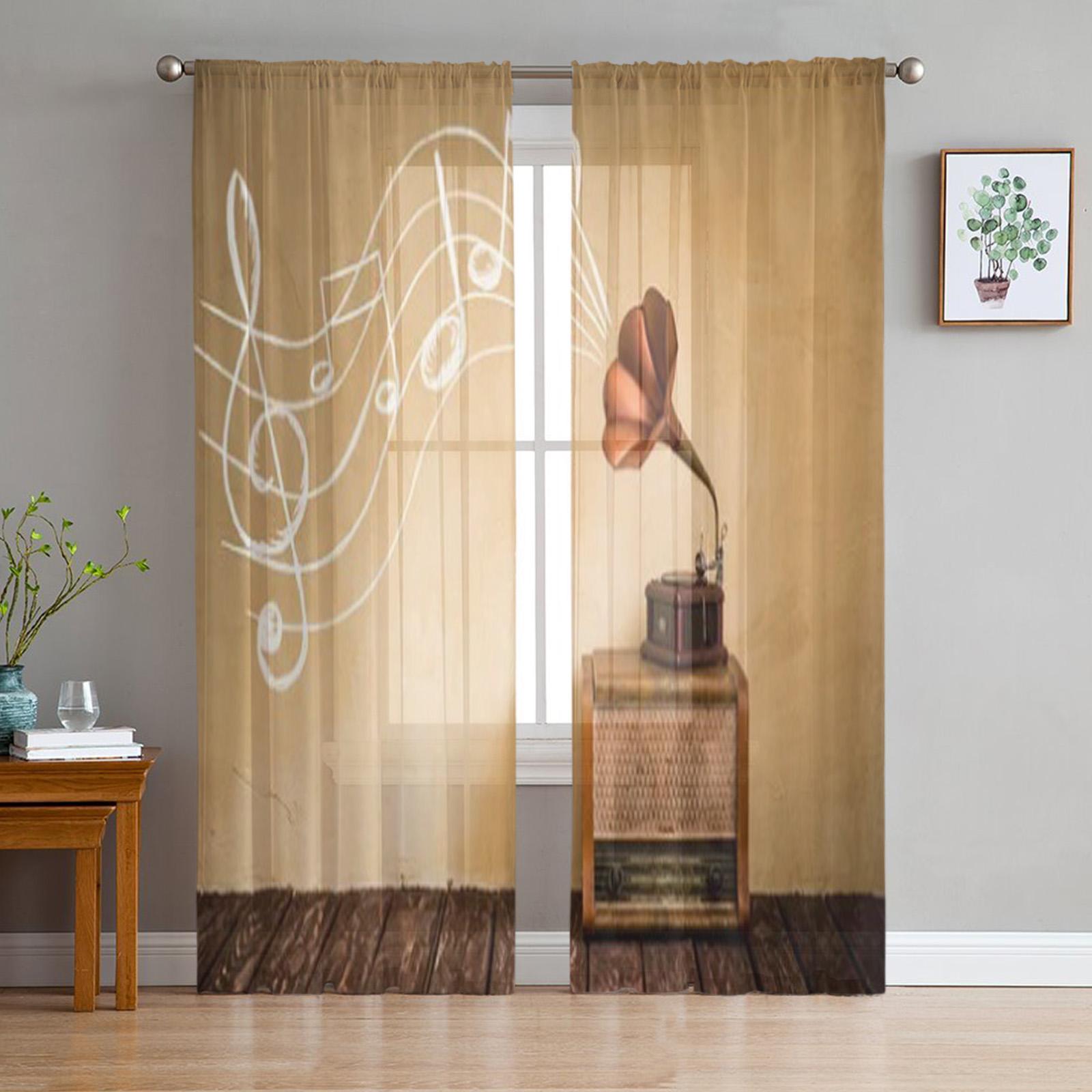 

Винтажные прозрачные шторы с радио и граммофоном для гостиной, современные модные занавески с балдахином для кухни, тюлевые шторы