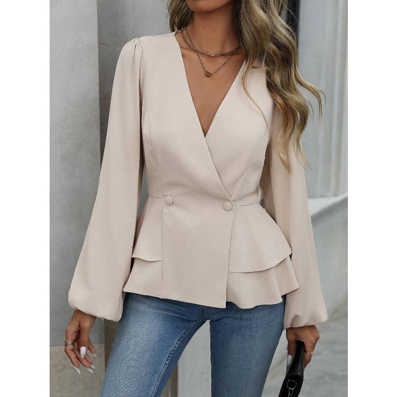 

IHUASU Women s Fashion Casual Solid Color Print Long Sleeve V Neck Blouses & Shirts International design XXL абрикосовий