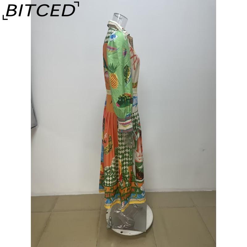 BITCED Frühlings Damen Bedrucktes Laternenärmel Figurbetontes Langarm Vollrock Kleid