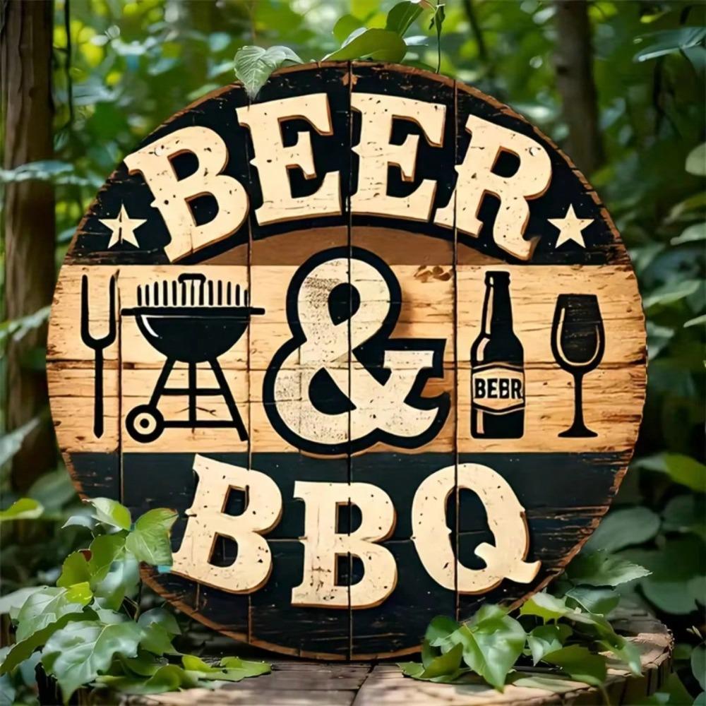 Round Barbecue Metal Wall Art - Rustic Iron Grill Decor - Holiday Tin Sign Ornament