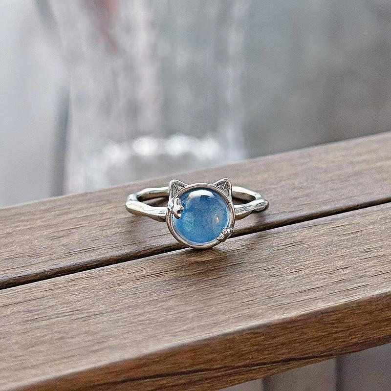 New Niche Light Luxury High Sense Sea Blue Zircon Super Fairy Open Ring Simple Fashion Jewelry Women