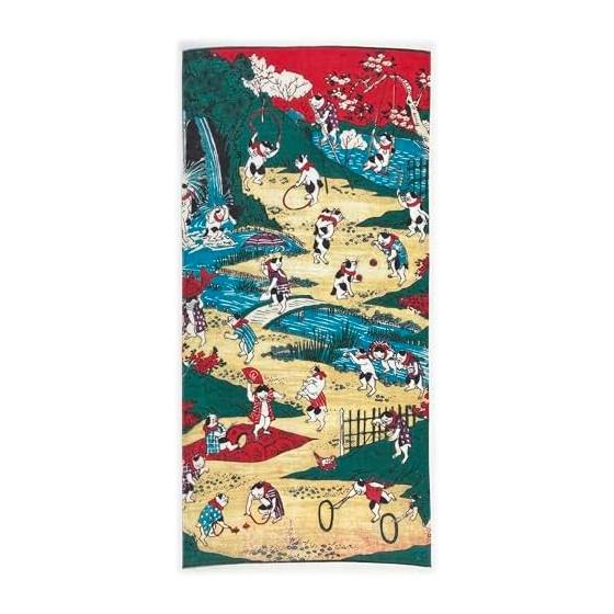 Ukiyo-e Tenugui Towel by Utagawa Kuniyoshi,  Cats at Play  (New Edition), 100% Cotton, Tokkaoka Fabric, Japan, Reactive Dye Printing