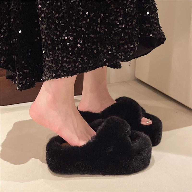 Large Size Thick Bottom Heightened One-word Fluffy Slippers for Women's Outer Wear Fleece Non-slip Versatile 2025 Spring and Autumn New Cotton Mop