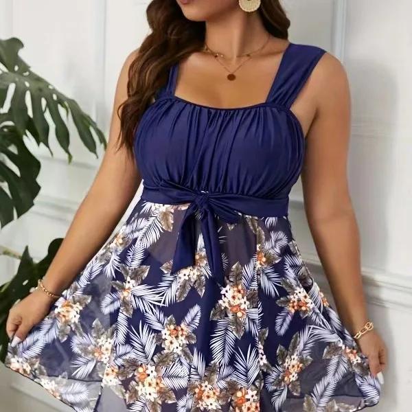 Plus Size Elegant Tankini Set Women's Plus Contrast Tropical Print Tie Front Tank Dress & Panty Swimsuit 2 Piece Set