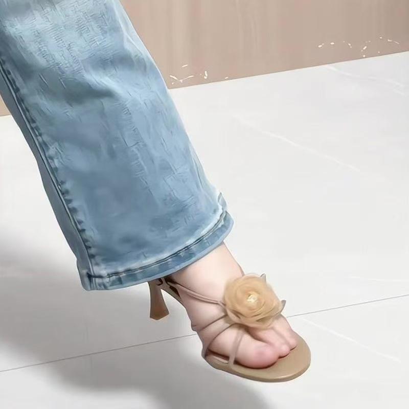 Fairy Shoes Large Size 42 Female High-heeled Sandals Female Summer Temperament Elegant Flower Thin Heel One-word Buckle Belt Summer Skirt