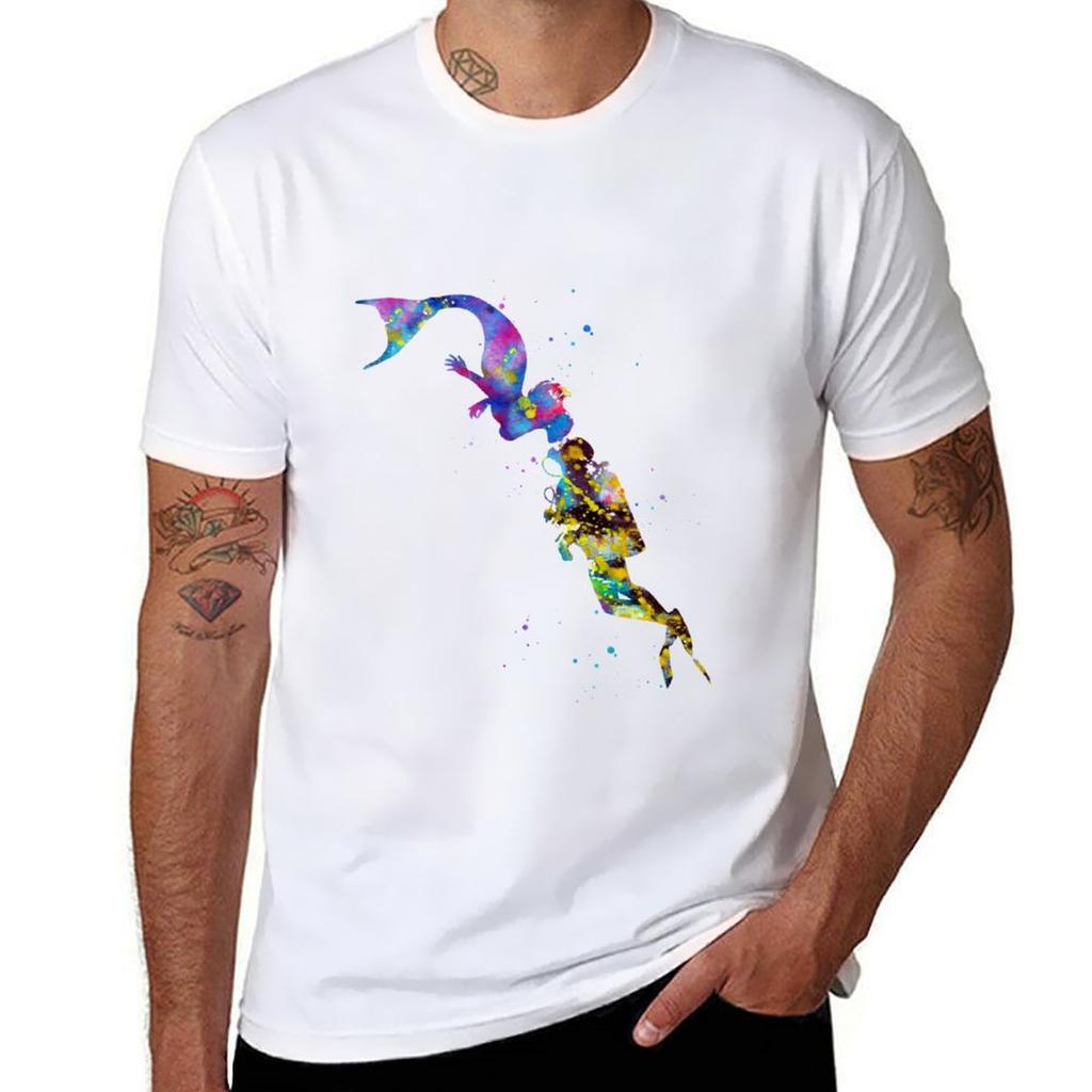 Mermaid Kissing a Sea Diver TShirt Basic Regular Fit Casual TShirt