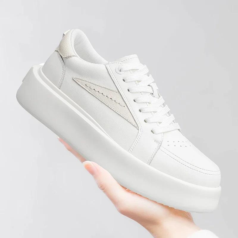 Fashion Casual Leather Vulcanized Shoes British Genuine Leather Thick Bottom Board Shoes Fashion Designer Flats New Trendy Walking Shoes