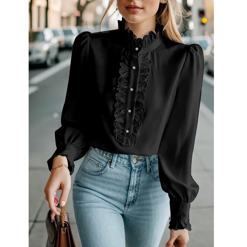 Women Autumn Long Sleeve Blouses and Shirts Office Ladies Business Single Breasted Ruffles Shirt Tops