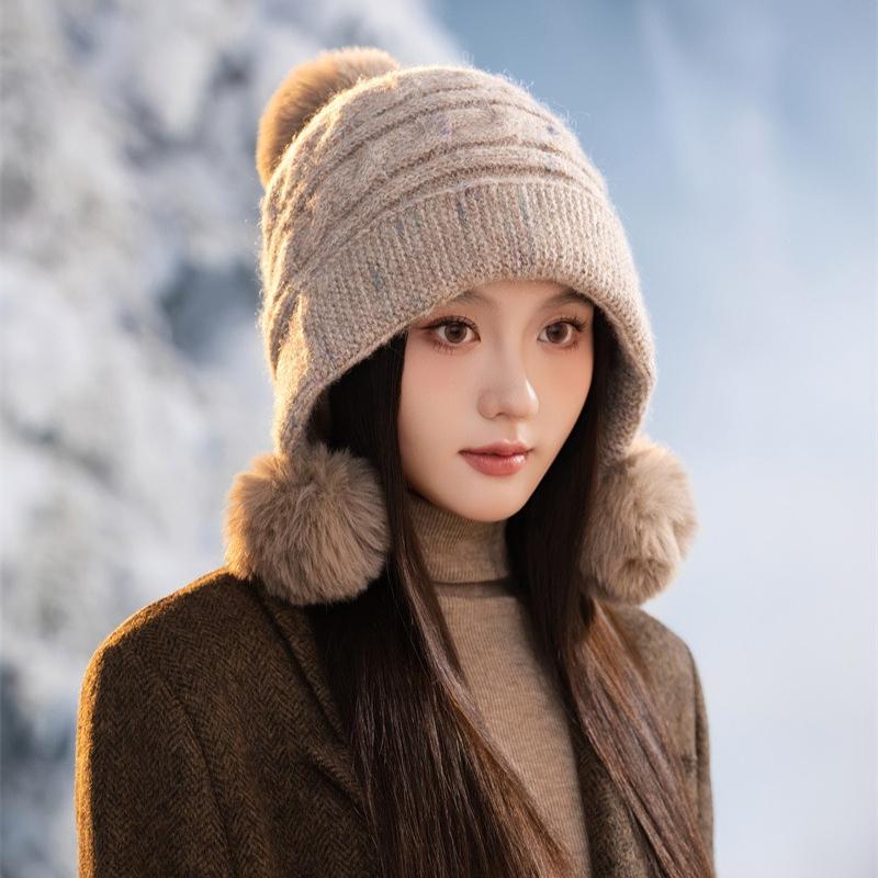 Cute Hairball Knitted Thermal Hat Women's Plush Thickened Ear Protector Wool Hat