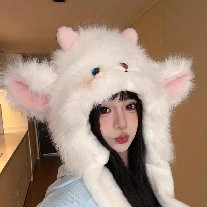 Cute cartoon ears move lamb thickened warm plush hat women's winter cold ear protection Internet celebrity Lei Feng hat