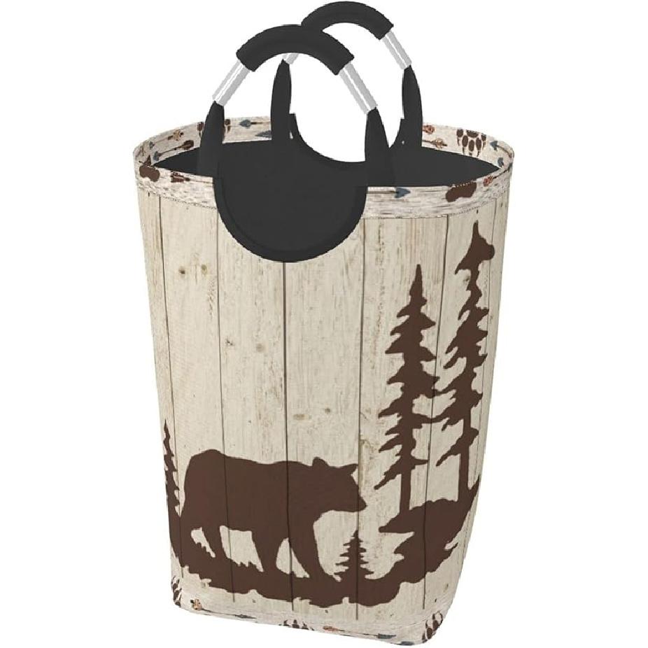 Large Laundry Basket,Wild Animals Rustic Cabin Forest Bear Paw Print Wooden Board,Laundry Hamper Collapsible Organizer Bin with Handles Washing Bin style-668