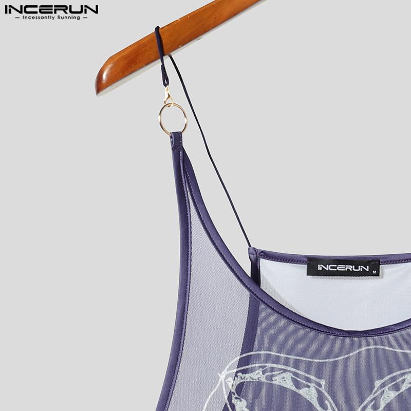 INCERUN Men Sling Sleeveless Print Mesh Sheer Tank Tops Camisole Undershirts