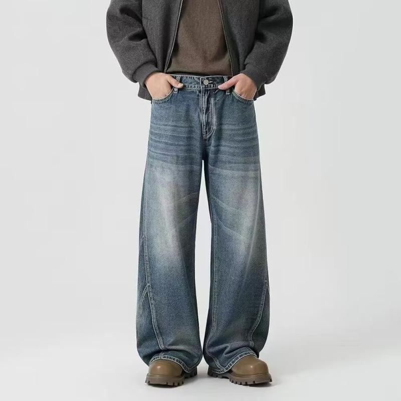 Washed Old American Retro Wide-leg Scimitar Jeans Men's Spring Trendy High Street Loose Straight Jeans Men