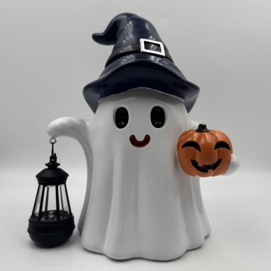 Ghost Statue Solar/Battery-Powered Weather Resistant Resin Whimsical Ghost Pumpkin Design Ornament Halloween Decor