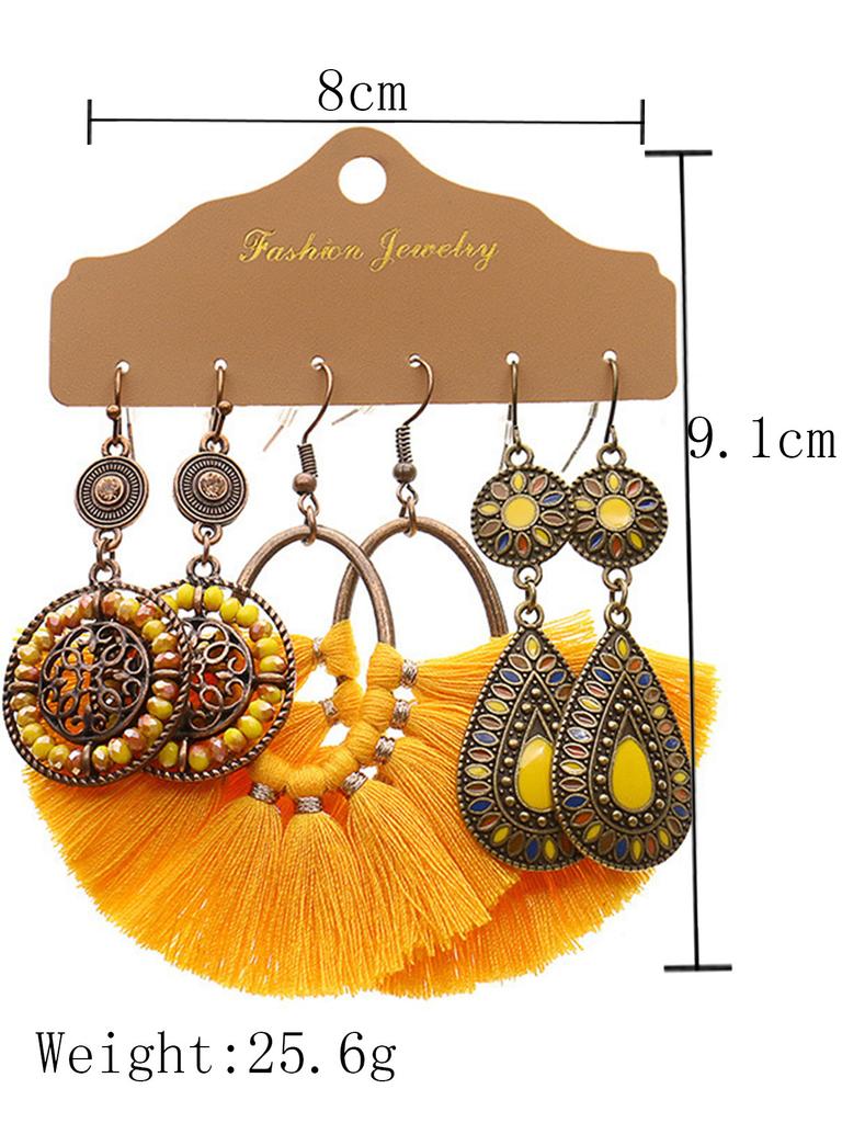 Women Yellow Retro Sun Tassel Drop Ear Drop Earring Set