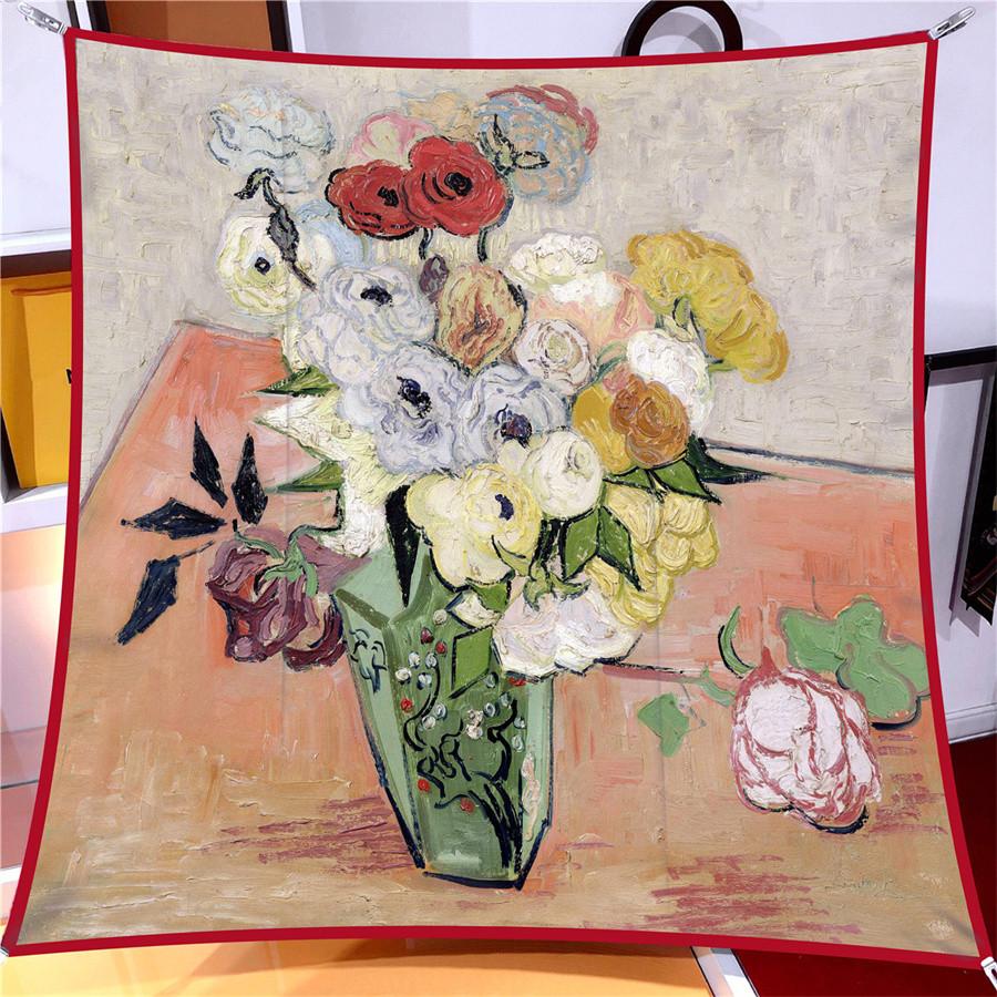 Silk Scarf Women Flowers Print Square Scarves Head Echarpes Silk Foulards Femme Wraps Beach Shawls Bandana Lady Hijabs 90CM