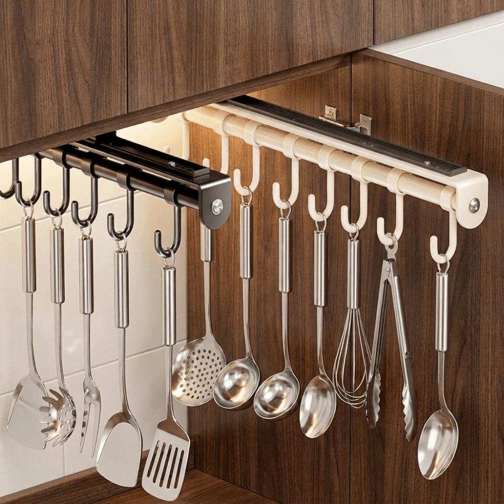 Wall Mounted Pull Out Utensil Hanging Rack Multi Hooks Sliding Rail Hooks Spatula Spoon