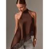 Women's Halter Neck Sleeveless Loose Fit Solid Color Lace Trim Top Sexy Blouse