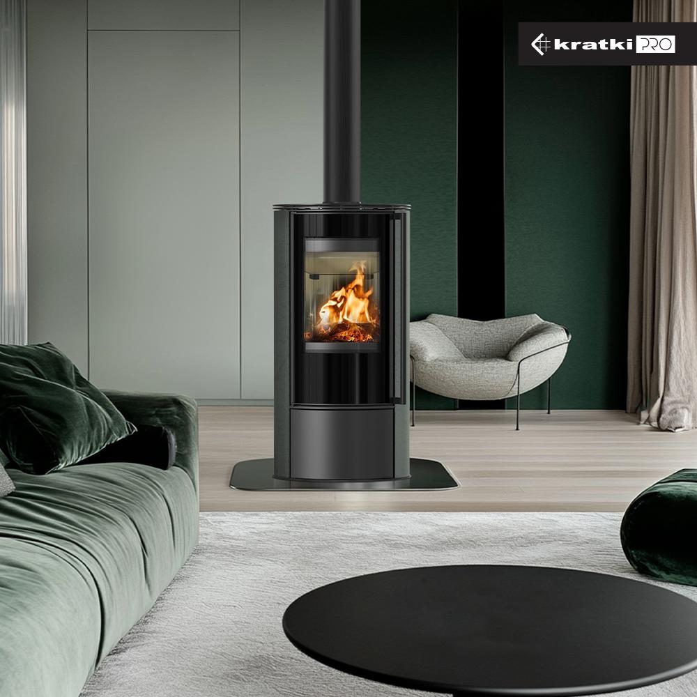 Wood Burning Steel Stove KRATKI ERIK Ø 150 5,5 kW Decorative Ceramics SERPENTINO Self Closing Door