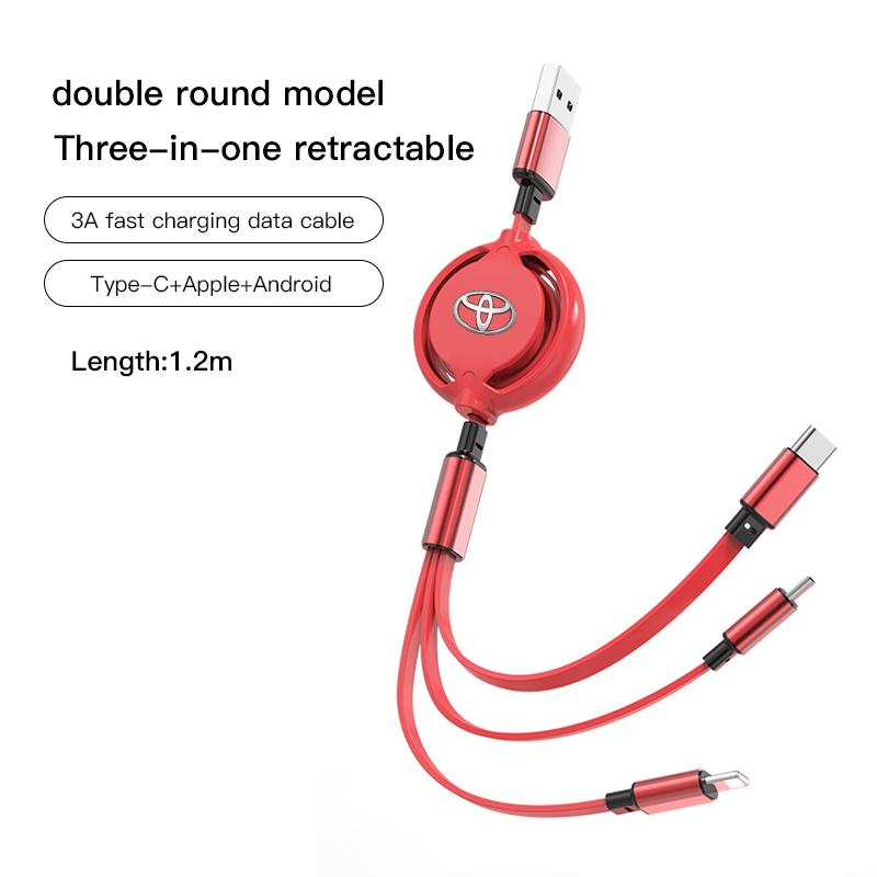 3 In 1 Retractable Mobile Phone Fast Charging Cable For Toyota Corolla Camry Asian Dragon Supra Hilux Land Cruiser GR SPORT TRD
