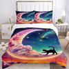 3-teiliges Anime-Katzen-Mond-Galaxie-Bettwäscheset - Enthält eine Bettdecke und zwei Kissenbezüge (Kein Kern) - Polyesterstoff, Fantasie-Design für Bettwäsche