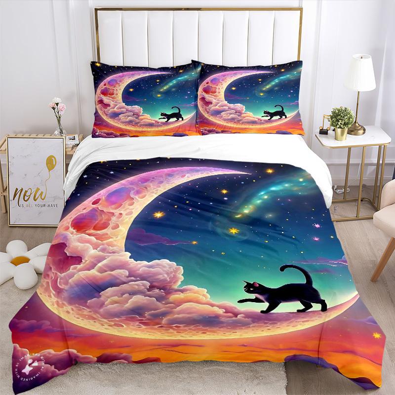 3-teiliges Anime-Katzen-Mond-Galaxie-Bettwäscheset - Enthält eine Bettdecke und zwei Kissenbezüge (Kein Kern) - Polyesterstoff, Fantasie-Design für Bettwäsche