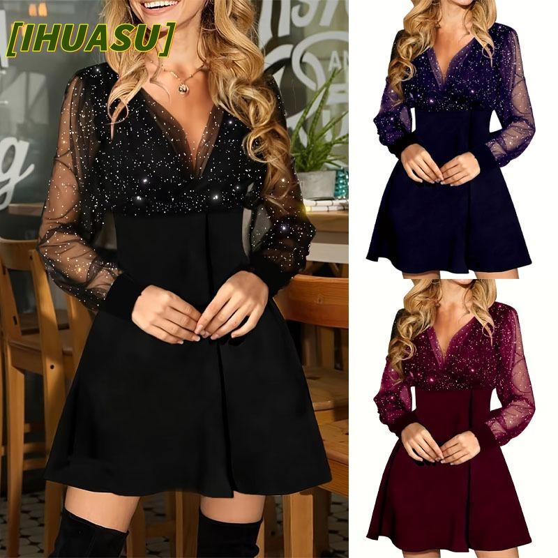 IHUASU Fashion Summer Spring Solid Color Print Long Sleeve V-Neck Casual Dresses International design