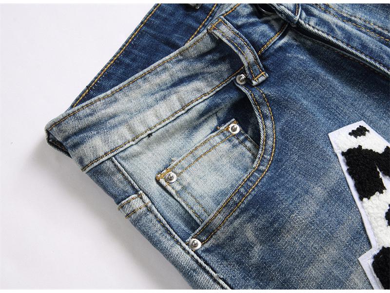Verwaschene Blaue Distressed Bestickte Herren Skinny Jeans