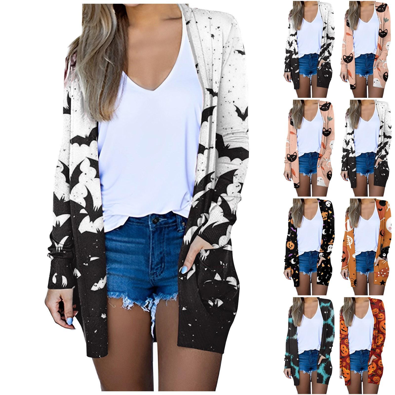 

Women s Fashion Loose Casual Pocket Hallowen Print Long Sleeve Cardigan Jacket Tops