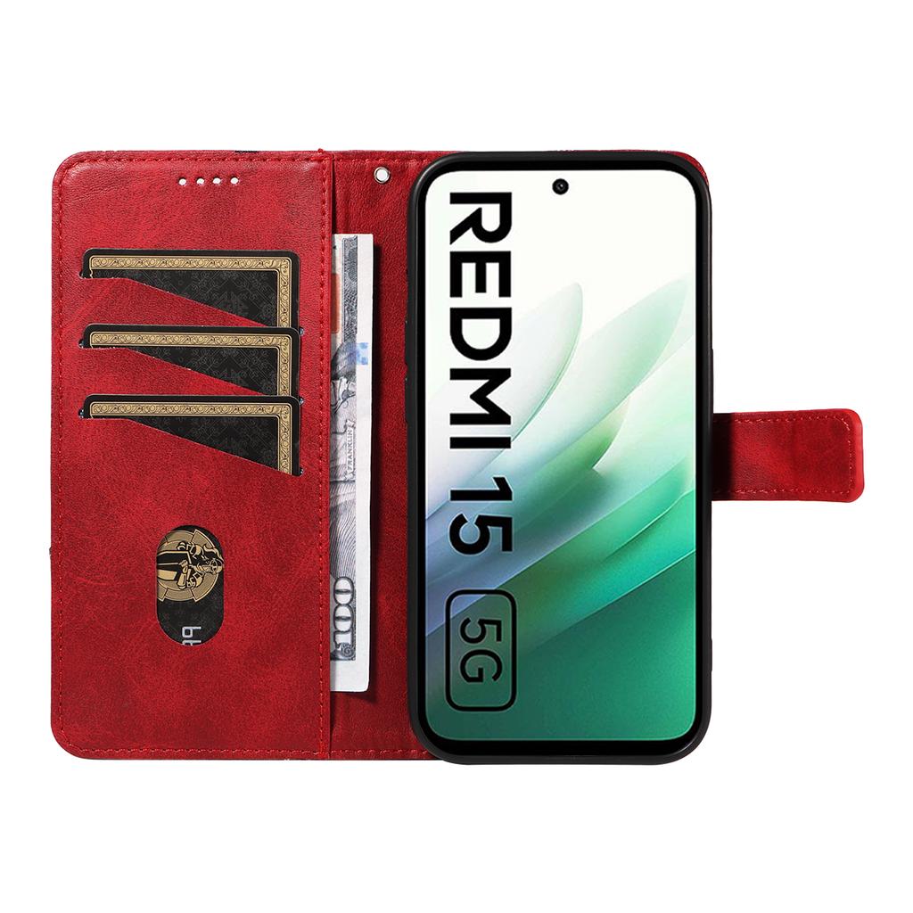 For Xiaomi Redmi 15 4G (EU) (171mm) Leather Case Geometric Line Design Wallet Phone Cover with Wrist Strap