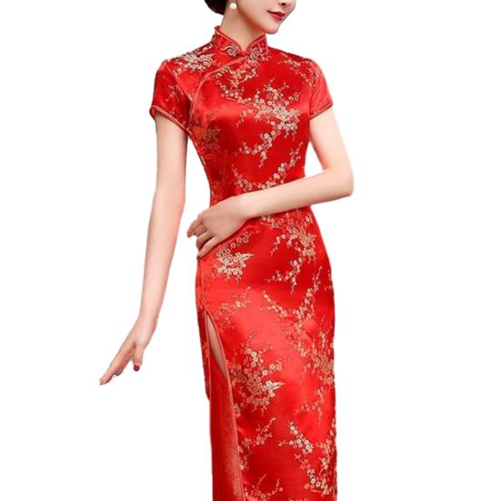 Stil Broderie Florală Guler Stand Mâneci scurte Latura înaltă Despicată Nod chinezesc Nasturi Cheongsam Satin Mătăsos Subțire