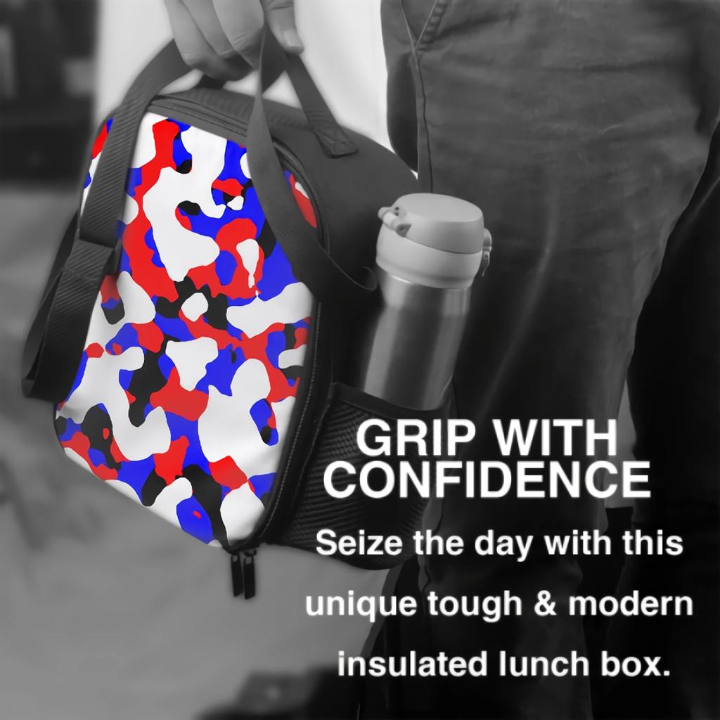 Blue Red White Black Camo Insulated Lunch Bag for School Office Picnic Colorful Camouflage Geometric Print Cooler Tote Lunch Box