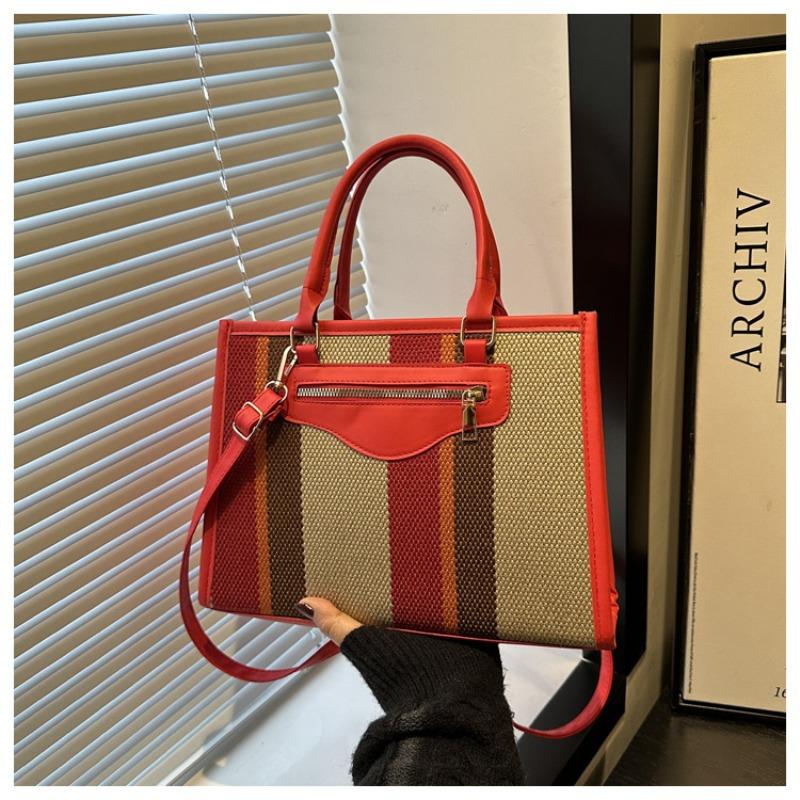 

Chic Striped Canvas Tote Bag for Work, Weekend, Every, Premium PU Leather Trim,detachable Crossbody Strap,Elevate Your Everyday червоний