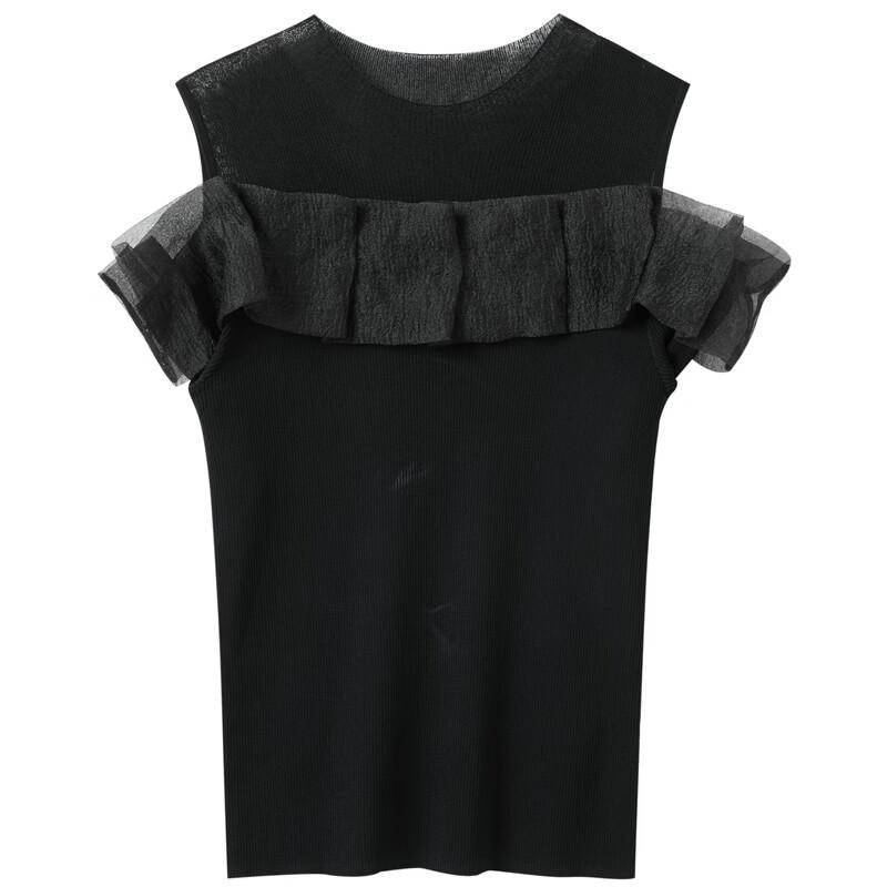 Sancai 2026 Summer Slim-fit Off-Shoulder Spliced Knit Top