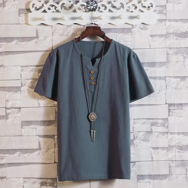 

Мужская льняная футболка в китайском стиле с коротким рукавом и V-образным вырезом L (95–115 lbs)