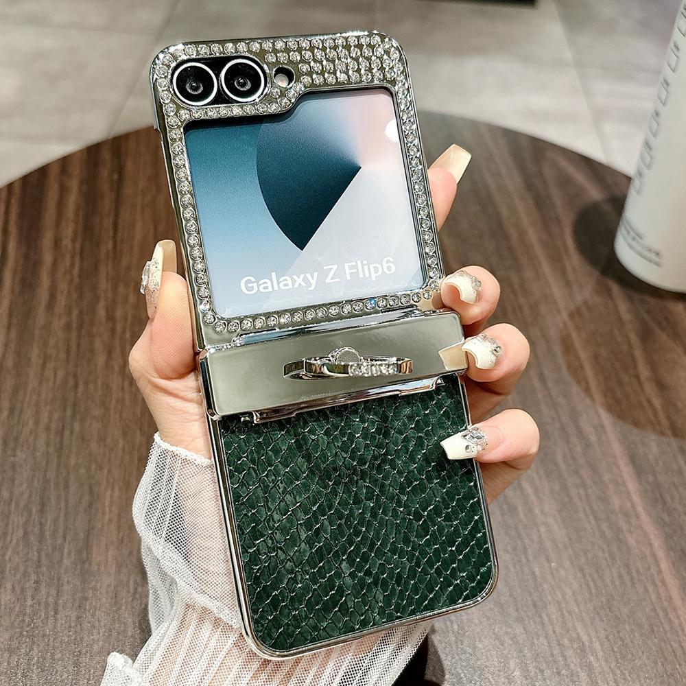 For Samsung Galaxy Z Flip7 FE 5G/Z Flip6 5G Case Fish Scale Texture Ring Holder PC Rhinestone Phone Cover