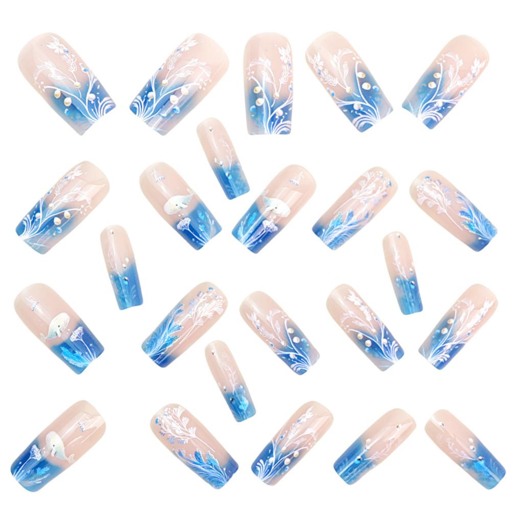 24PCS Ocean Theme False Nails with Blue Tip Easy Effortless Application To Nails for Women and Girl Nail Salon
