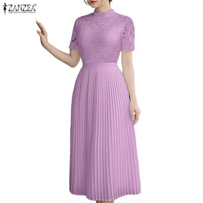 Damen Spitze Patchwork Rundhals Freizeit Kurzarm Kleid